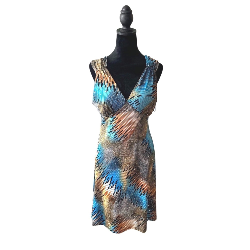 Y2K Cavalli Inspired Abstract Print Rhinestone V-Neck Sleeveless Dress Blue L